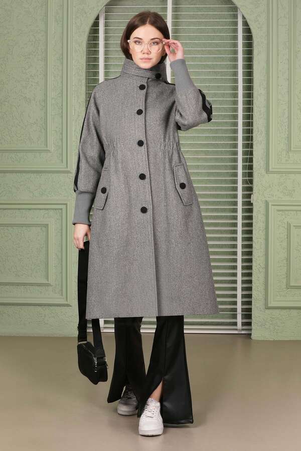 Striped Sleeve Stamp Coat Grey - 5