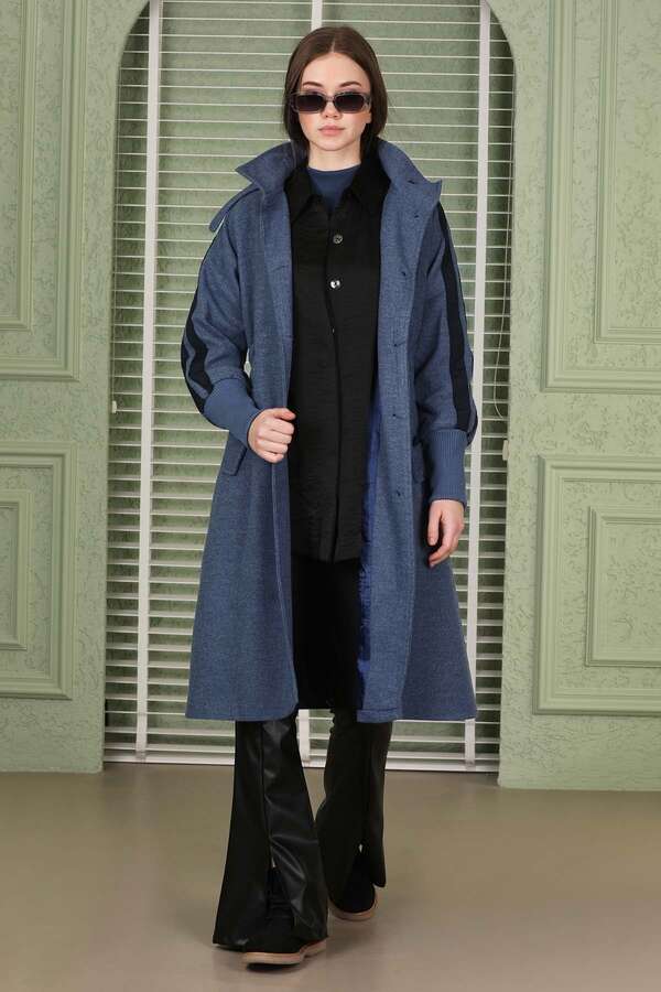 Striped Sleeve Stamp Coat İndigo - 2