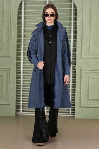 Striped Sleeve Stamp Coat İndigo - 3