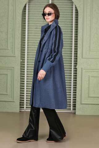 Striped Sleeve Stamp Coat İndigo - 5