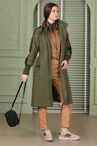 Striped Sleeve Stamp Coat Khaki - 1