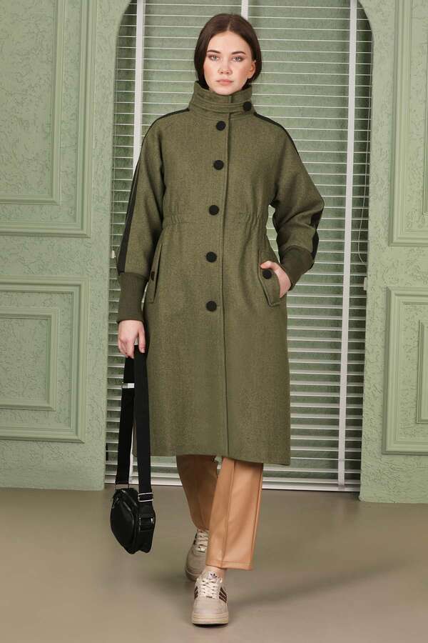 Striped Sleeve Stamp Coat Khaki - 3