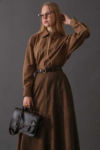 Suede Panel Skirt Brown - 7