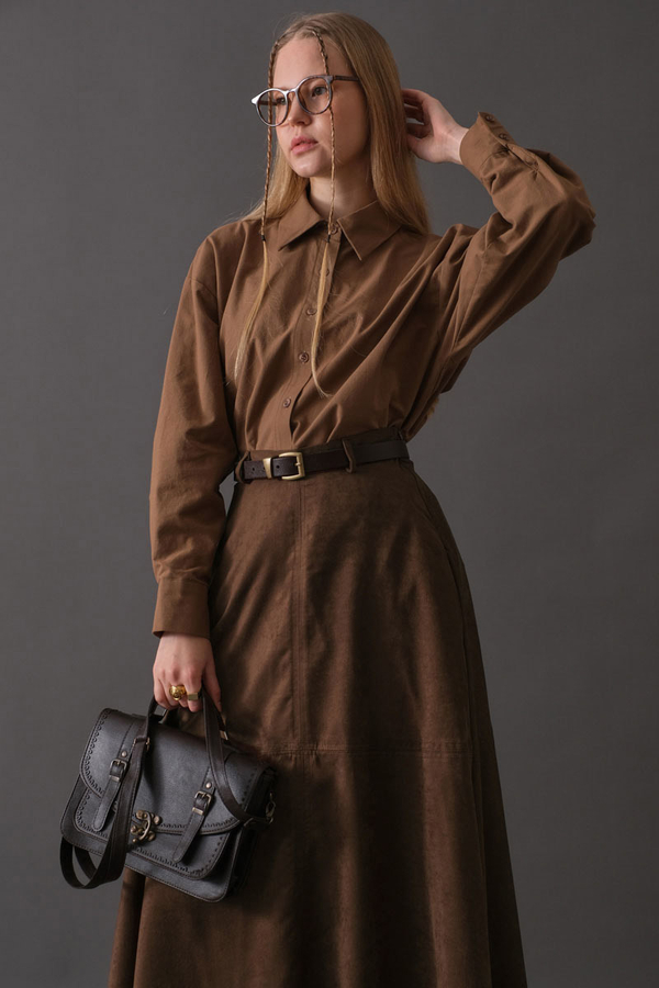 Suede Panel Skirt Brown - 7
