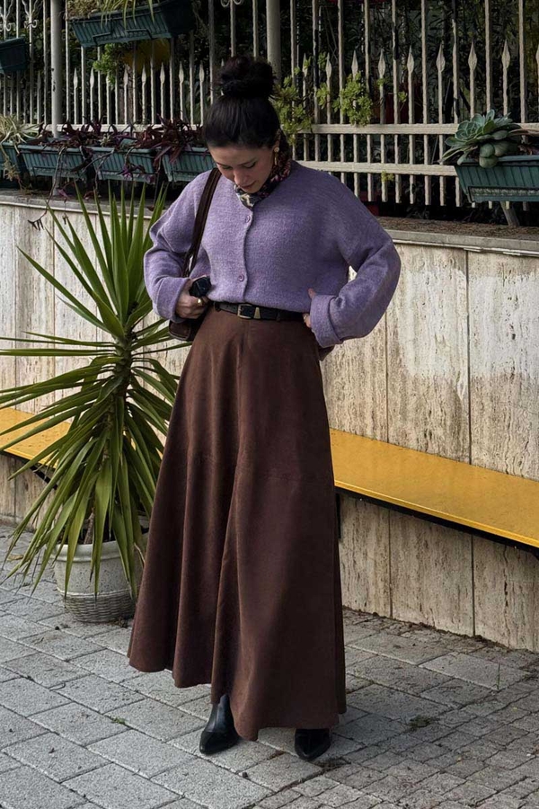 Suede Panel Skirt Brown - 3