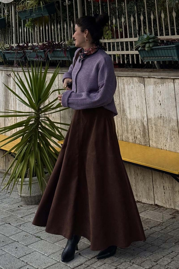 Suede Panel Skirt Brown - 4