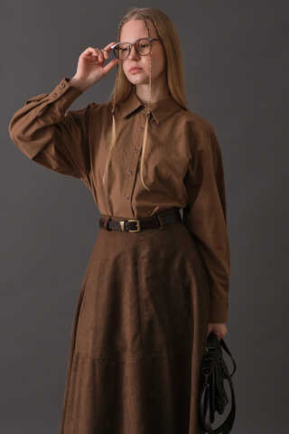 Suede Panel Skirt Brown - 12
