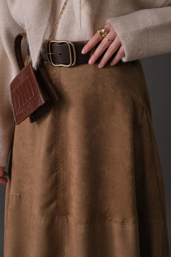 Suede Panel Skirt Camel - 6