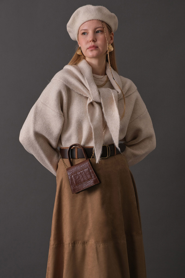 Suede Panel Skirt Camel - 9