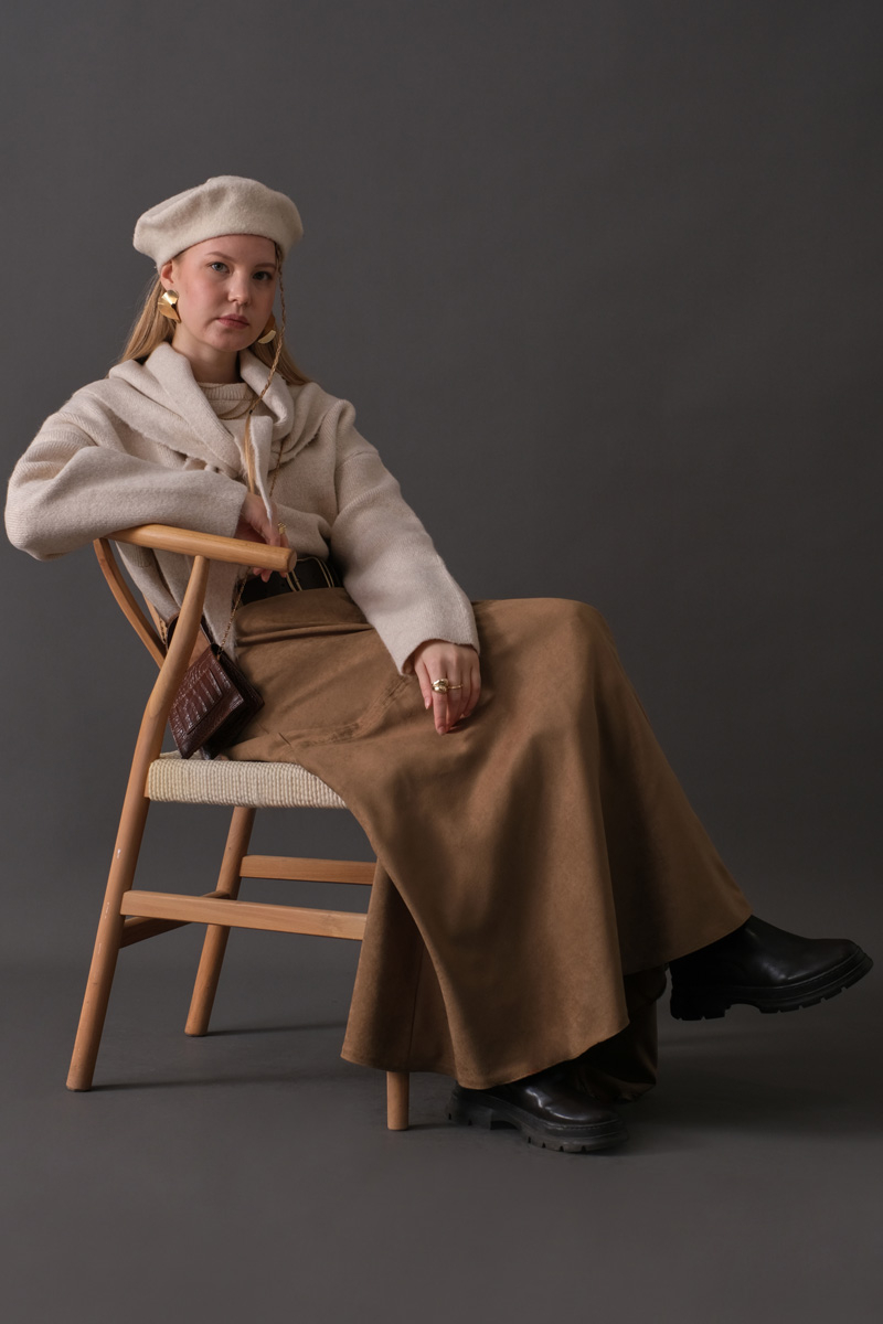 Suede Panel Skirt Camel