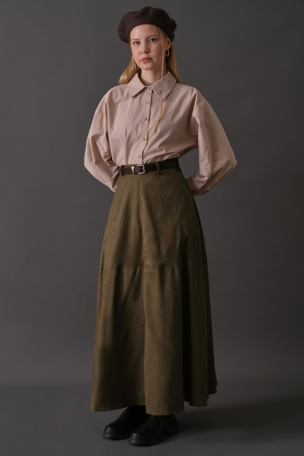 Suede Panel Skirt Khaki - 7