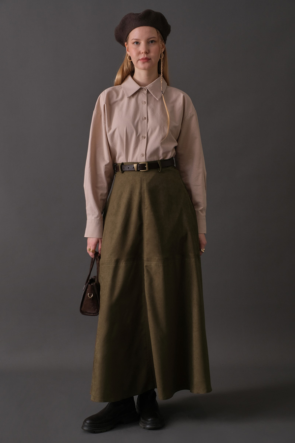 Suede Panel Skirt Khaki - 5