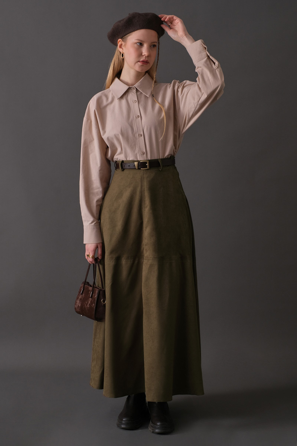 Suede Panel Skirt Khaki - 4