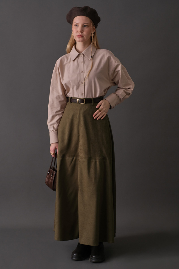 Suede Panel Skirt Khaki - 10