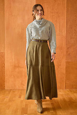 Suede Panel Skirt Khaki - 5