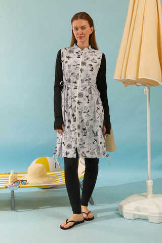 Summer Figure Patterned Swimsuit Vest Black - 2