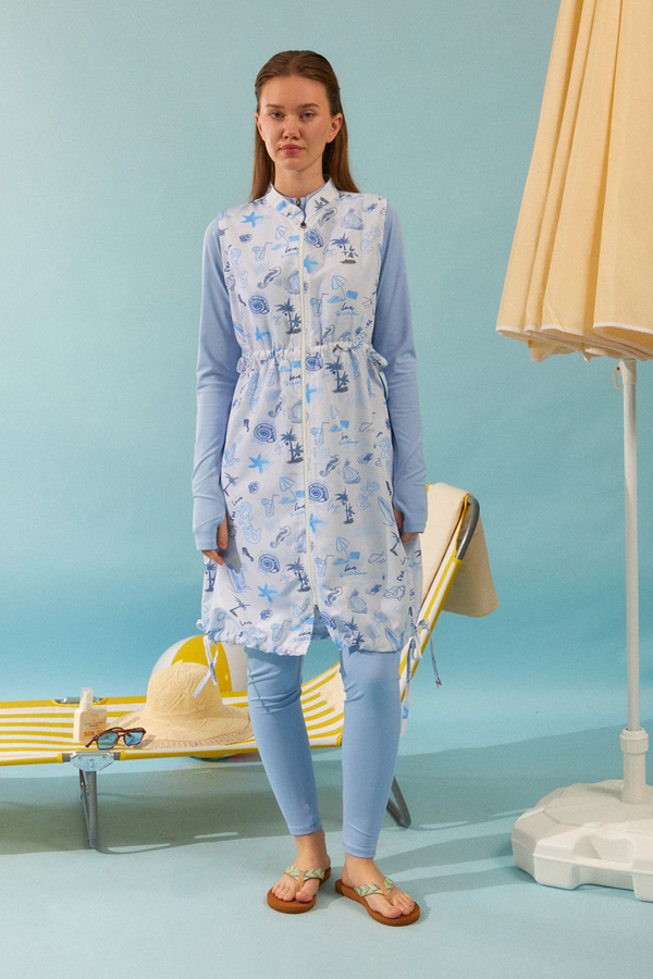 Summer Figure Patterned Swimsuit Vest Blue - 3