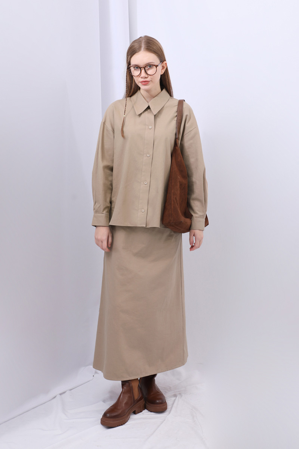 Süveterli Gömlek Etek Takım Camel - 6