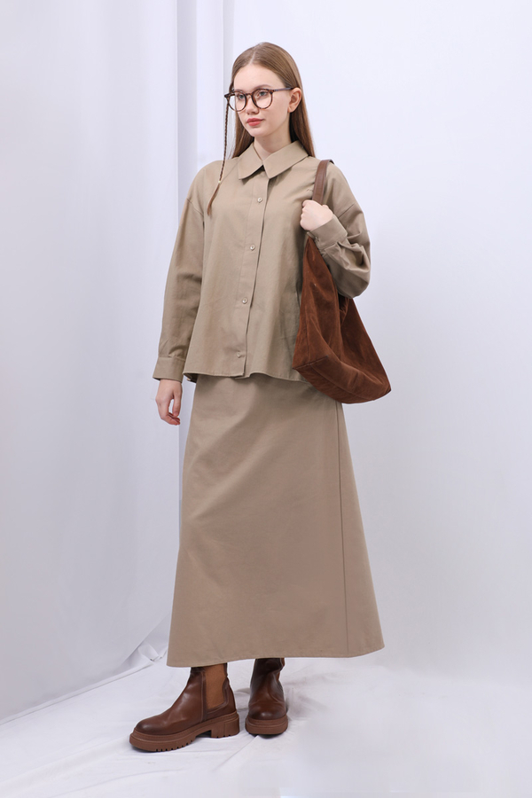 Süveterli Gömlek Etek Takım Camel - 7