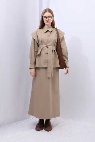 Süveterli Gömlek Etek Takım Camel - 8