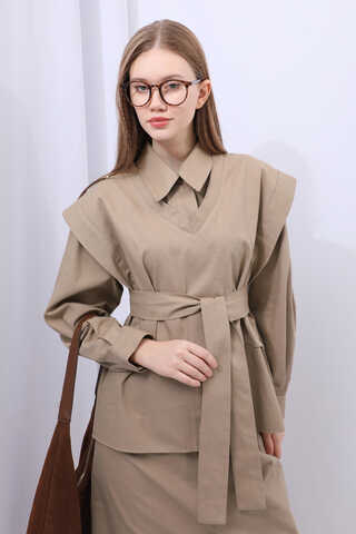 Süveterli Gömlek Etek Takım Camel - 11