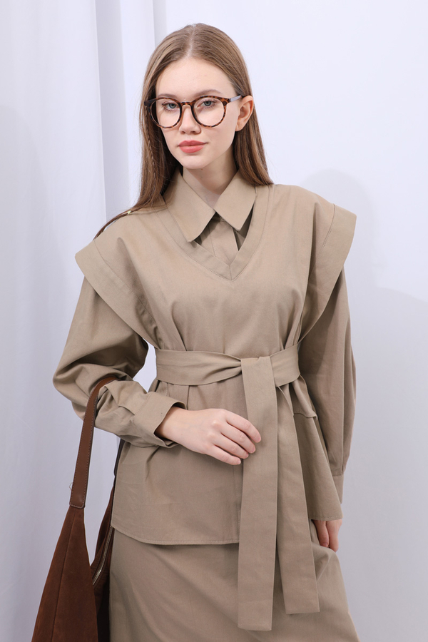 Süveterli Gömlek Etek Takım Camel - 11