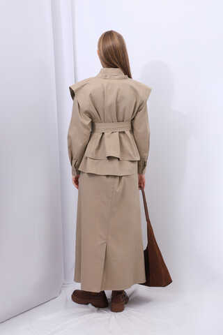 Süveterli Gömlek Etek Takım Camel - 14