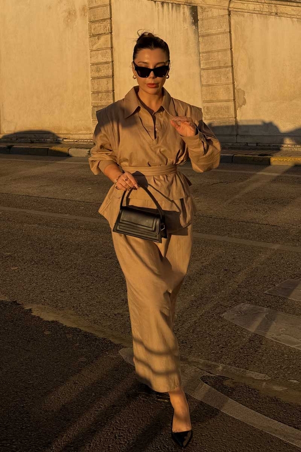 Süveterli Gömlek Etek Takım Camel - 2