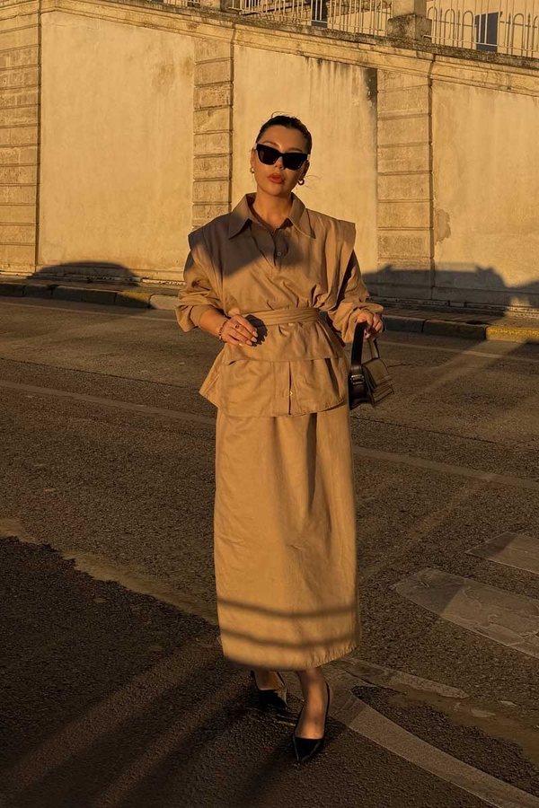 Süveterli Gömlek Etek Takım Camel - 1