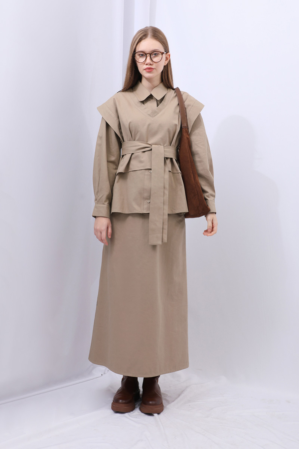 Süveterli Gömlek Etek Takım Camel - 8