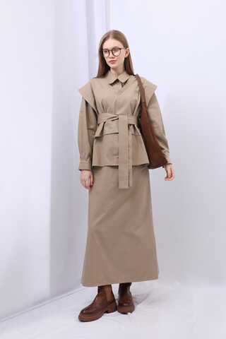 Süveterli Gömlek Etek Takım Camel - 5