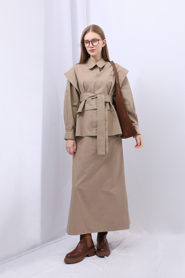 Süveterli Gömlek Etek Takım Camel - 5