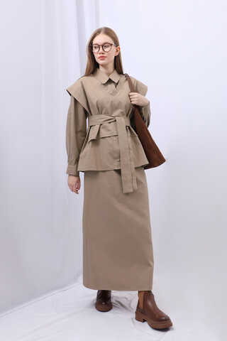 Süveterli Gömlek Etek Takım Camel - 9