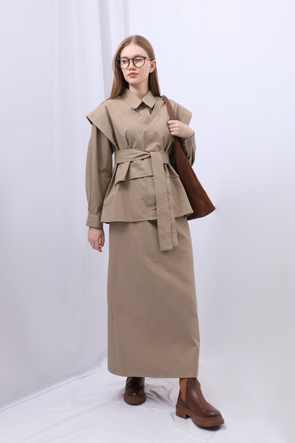 Süveterli Gömlek Etek Takım Camel - 9