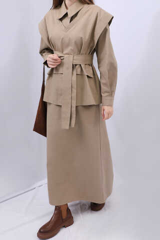 Süveterli Gömlek Etek Takım Camel - 10