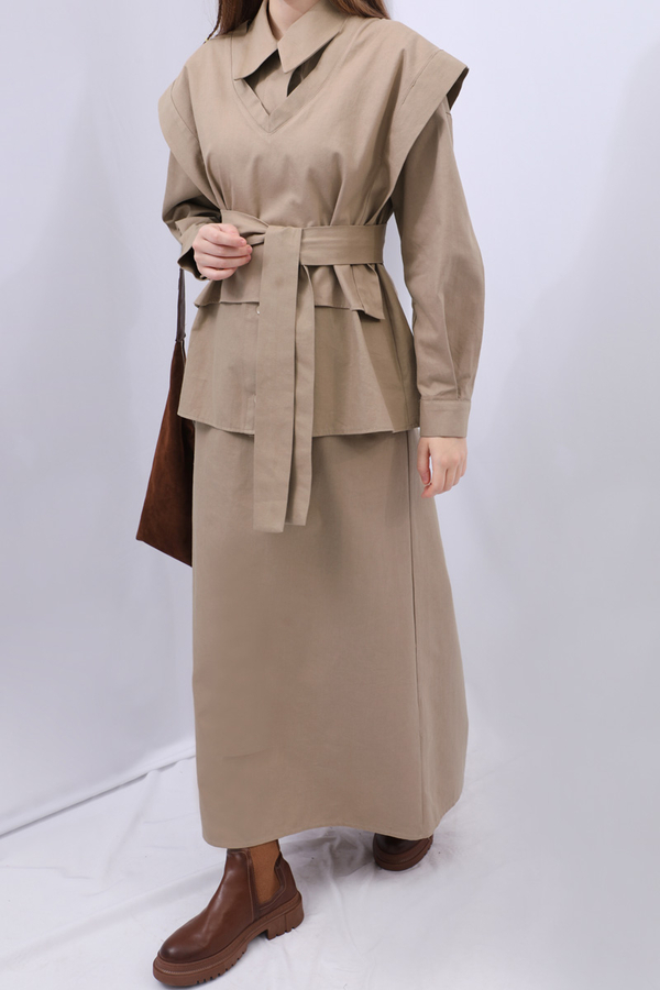 Süveterli Gömlek Etek Takım Camel - 10