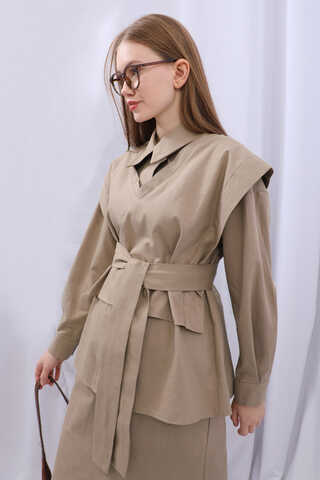 Süveterli Gömlek Etek Takım Camel - 12