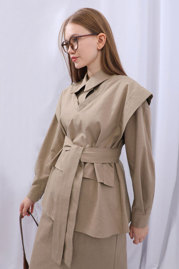 Süveterli Gömlek Etek Takım Camel - 12