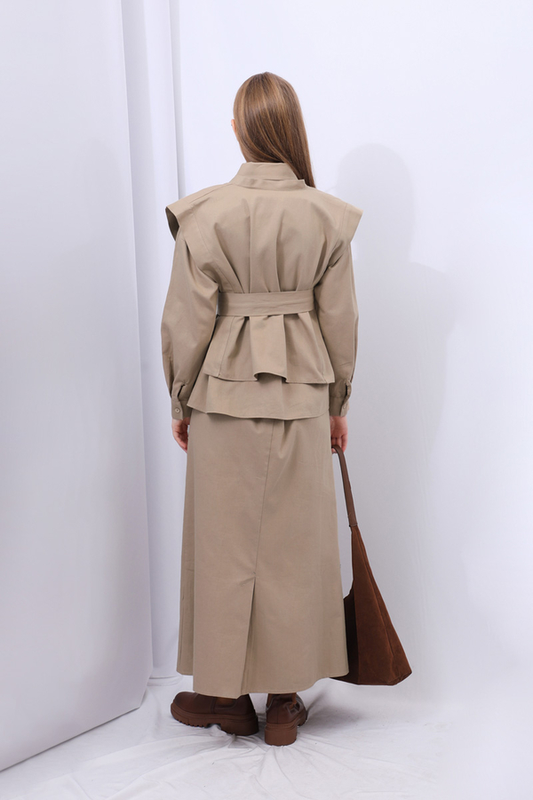 Süveterli Gömlek Etek Takım Camel - 14