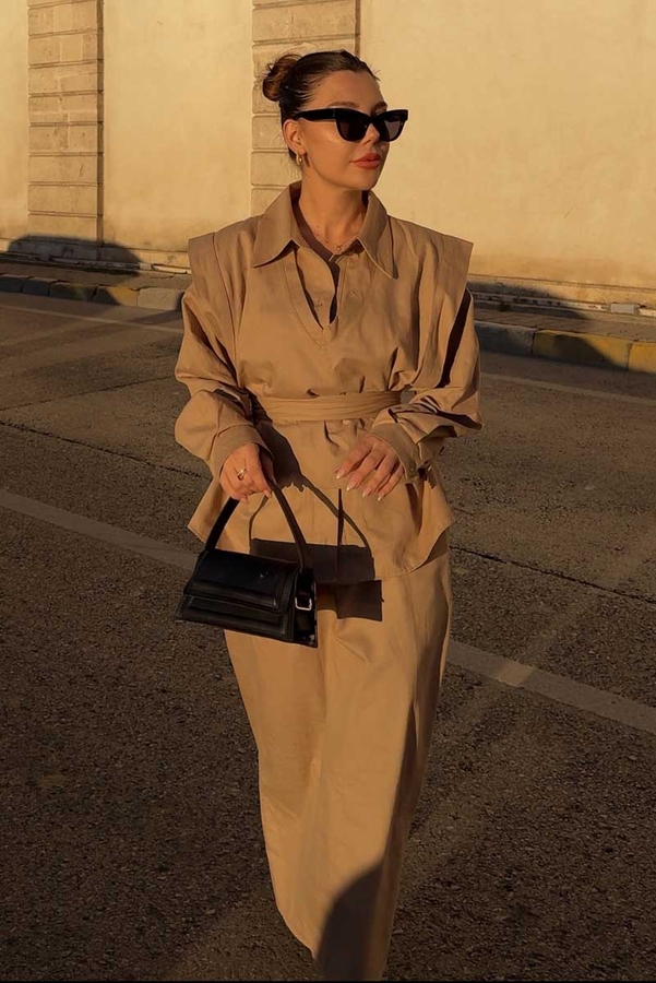 Süveterli Gömlek Etek Takım Camel - 4