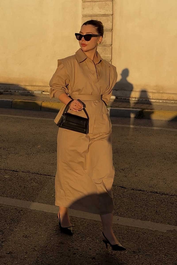 Süveterli Gömlek Etek Takım Camel - 3