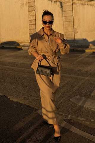 Süveterli Gömlek Etek Takım Camel - 2