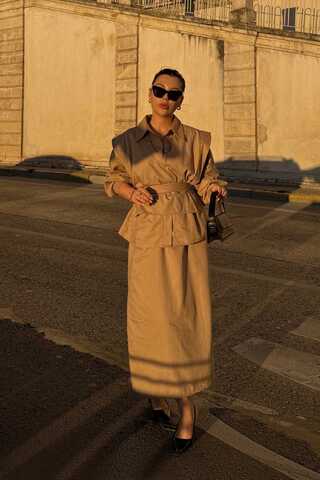 Süveterli Gömlek Etek Takım Camel - 1