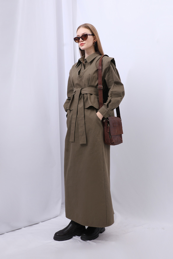 Süveterli Gömlek Etek Takım Kahverengi - 14