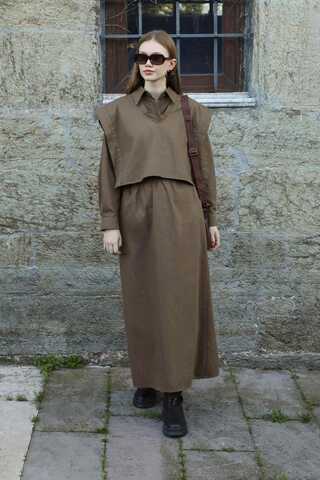 Süveterli Gömlek Etek Takım Kahverengi - 2