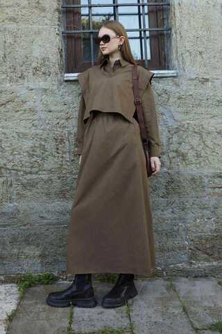 Süveterli Gömlek Etek Takım Kahverengi - 6