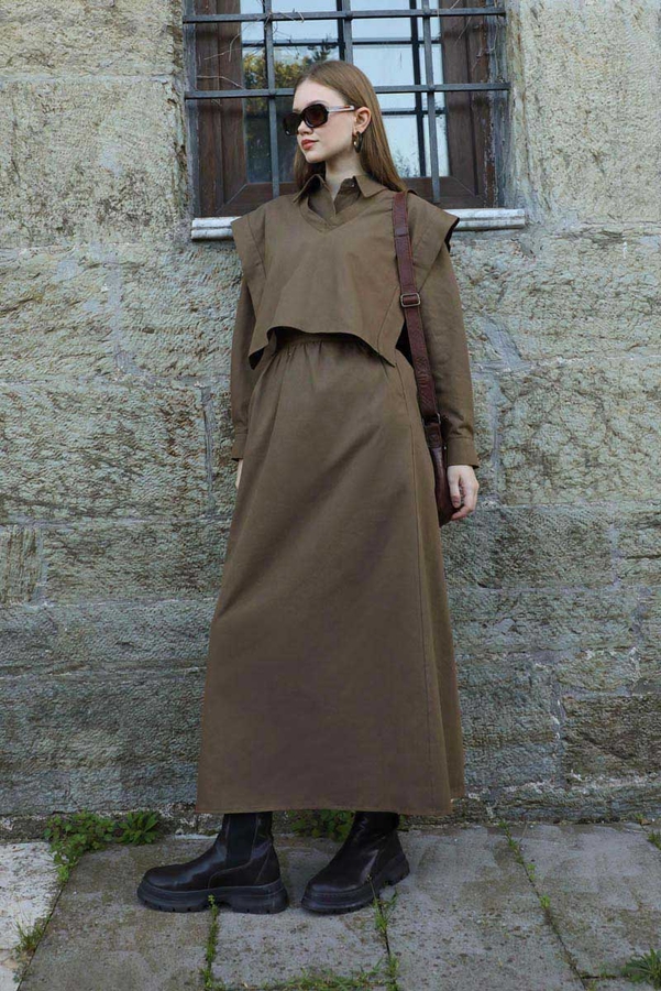 Süveterli Gömlek Etek Takım Kahverengi - 6