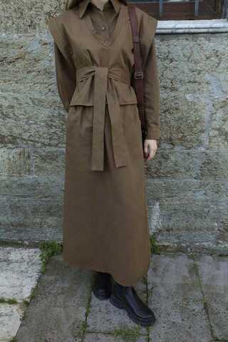 Süveterli Gömlek Etek Takım Kahverengi - 8