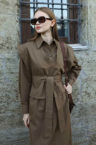 Süveterli Gömlek Etek Takım Kahverengi - 1