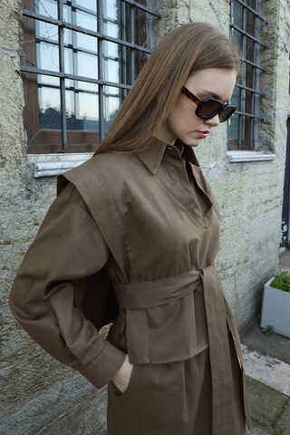 Süveterli Gömlek Etek Takım Kahverengi - 9